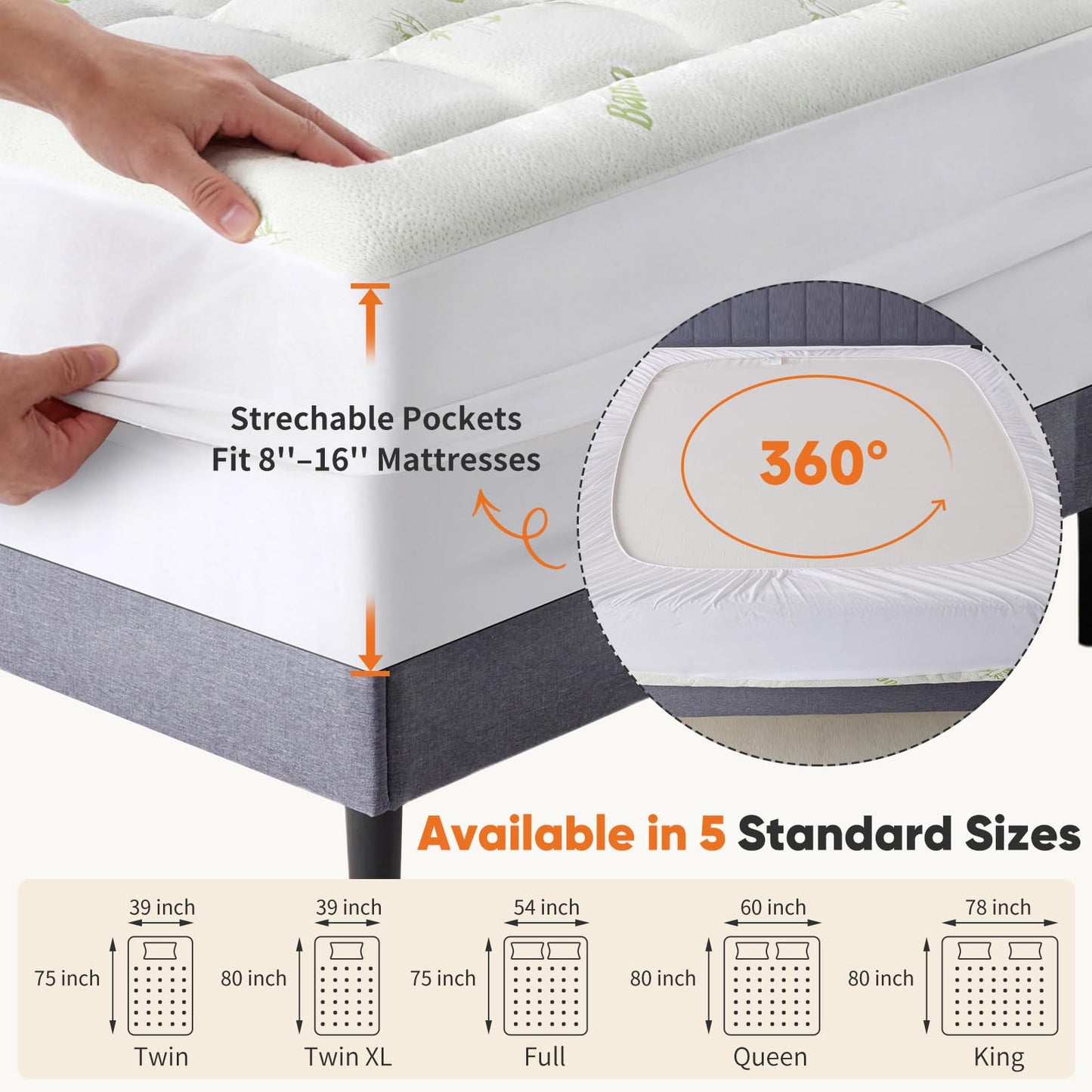 OLIXIS Mattress Topper King, Bamboo Viscose Ultra Soft Mattress Protector with Stretchable Pockets, Cooling Pillow Top Mattress Pad Breathable, Mattress Cover for Back Pain Relief, Hot Sleepers