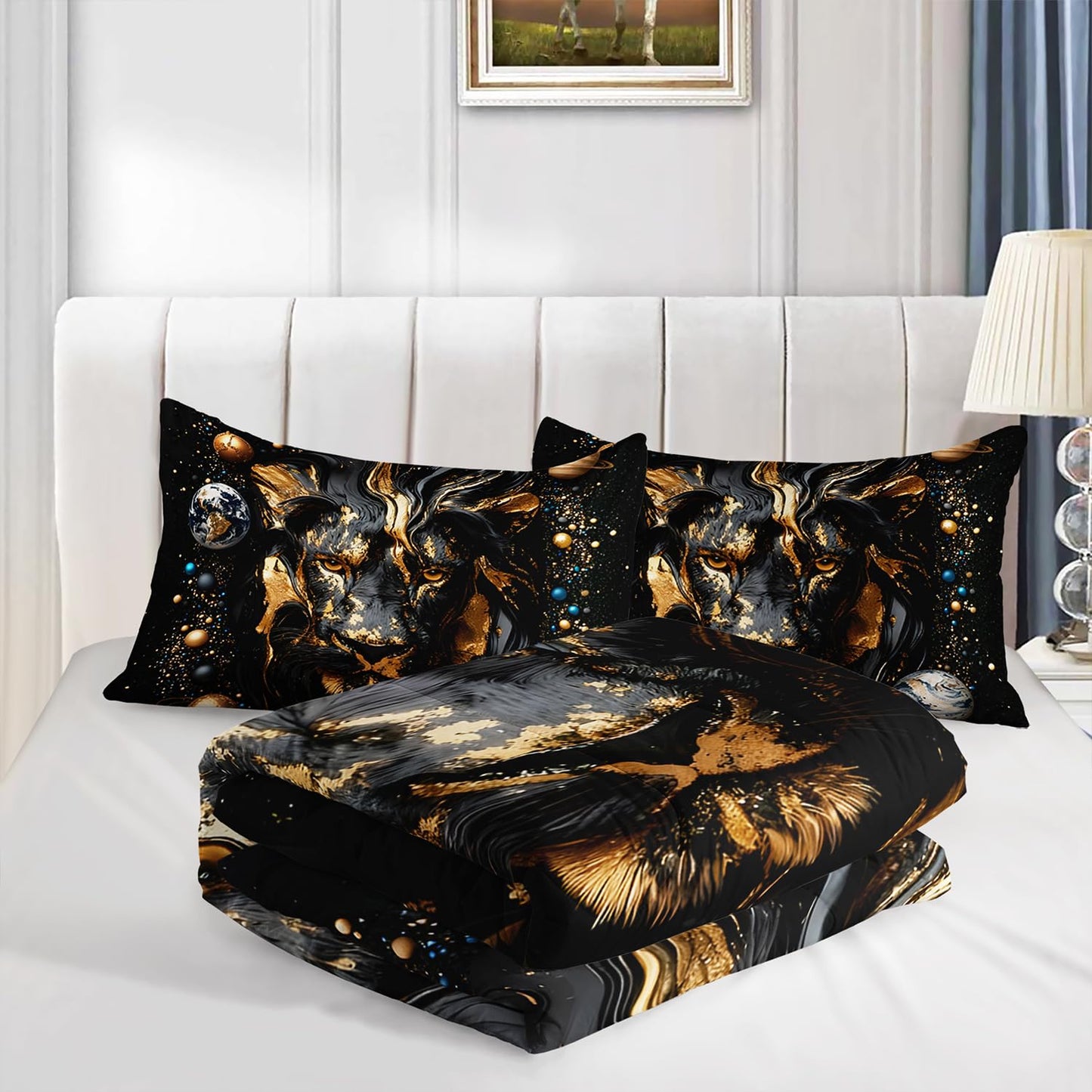 XYNHML 3D Black Golden Lion Theme Comforter 3Pcs Twin Outer Space Planet Earth Bedding Set for Kid Teen Girl Boy Adult Tropical African Wildlife Lion Quilt Bed Decor with 1 Comforter & 2 Pillowcases