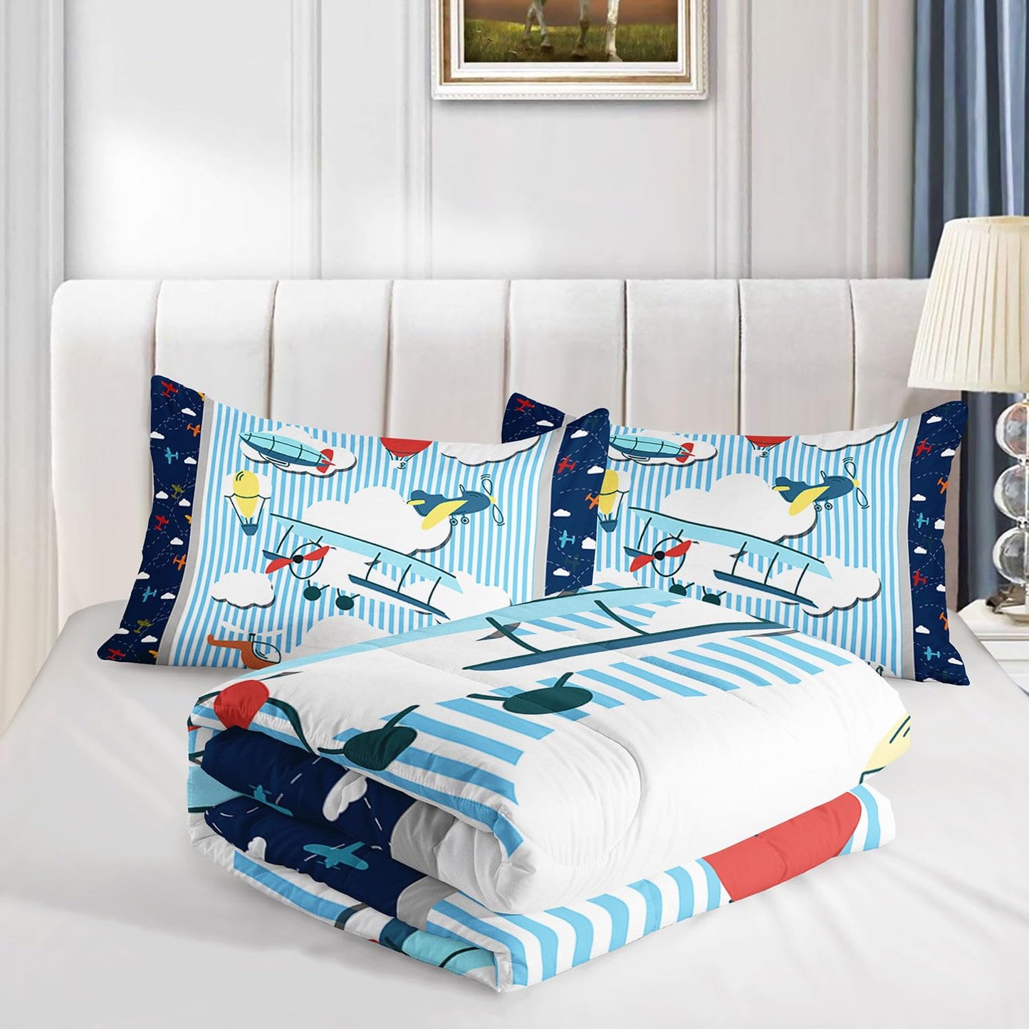 Smell Sunshine Kids Comforter Set Cartoon Airplane Printed Pattern Bedding Set with 1 Comforter and 2 Pillowcases for Girls Boys Bedroom All Season(Cartoon Airplane Full)