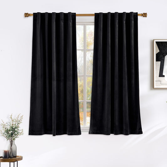 NICETOWN Black Velvet Curtains 72 inch Long for Dining Room - Blackout Thermal Insulating Soft Drapes for Half Window, Rod Pocket and Back Tab Design W42 x L72, 2 Panels