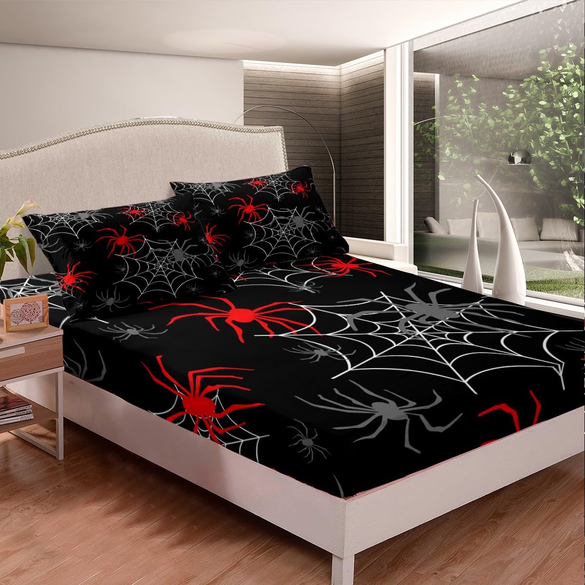 Feelyou Red Black White Cobweb Sheet Set Full Size, Scary Halloween Decorations Bed Sheets Set Scary Spider Sheets with Deep Pocket Fitted Sheet Kids Toddler Red Black Gray Animal Bedding Set 4Pcs
