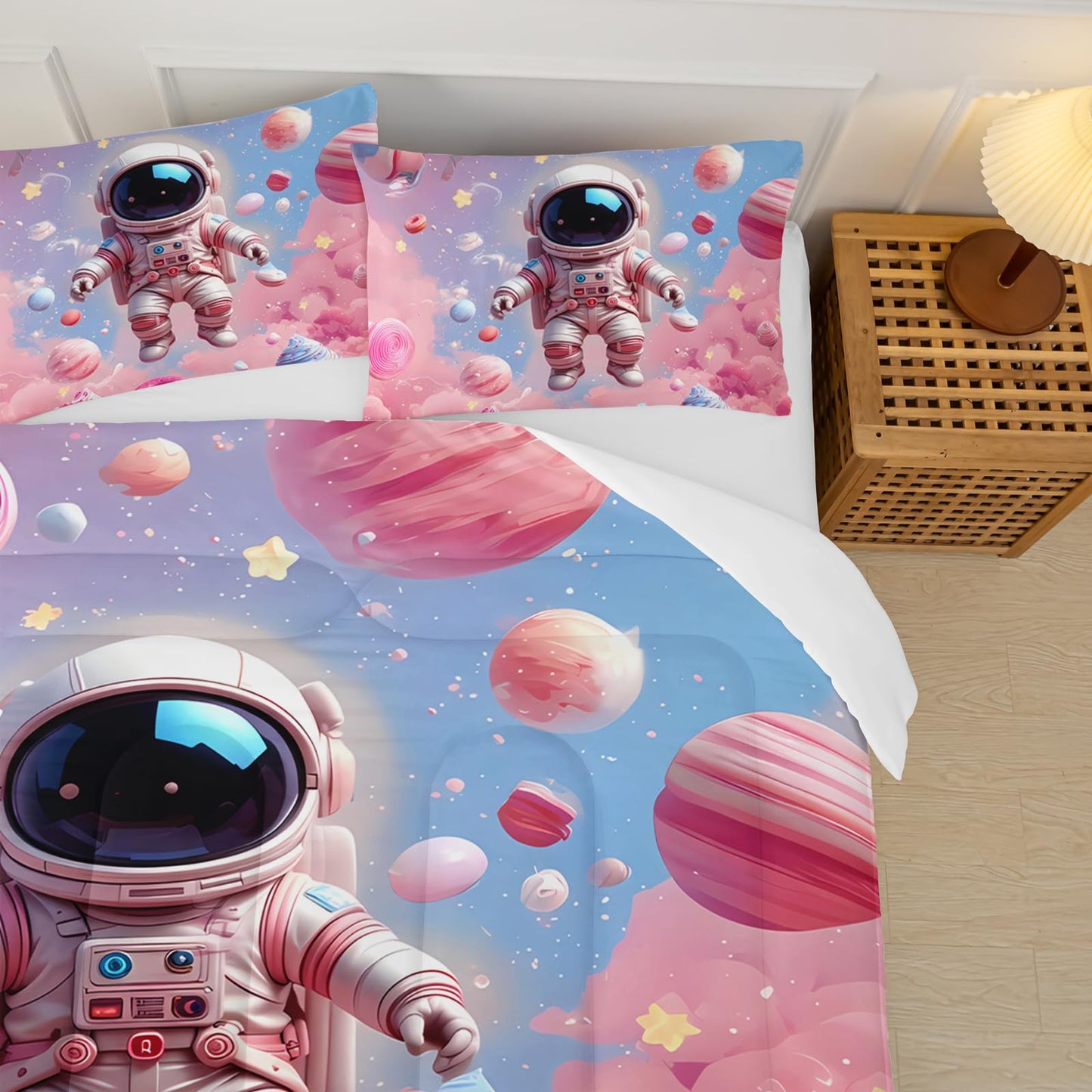 lneffble Space Astronaut Comforter Full Size,Space Astronaut Kids Comforter Set,3Pcs Bedding Set Printed Comforter with 2 Pillowcases,Down Alternative,Soft and Lightweight,for All Seasons