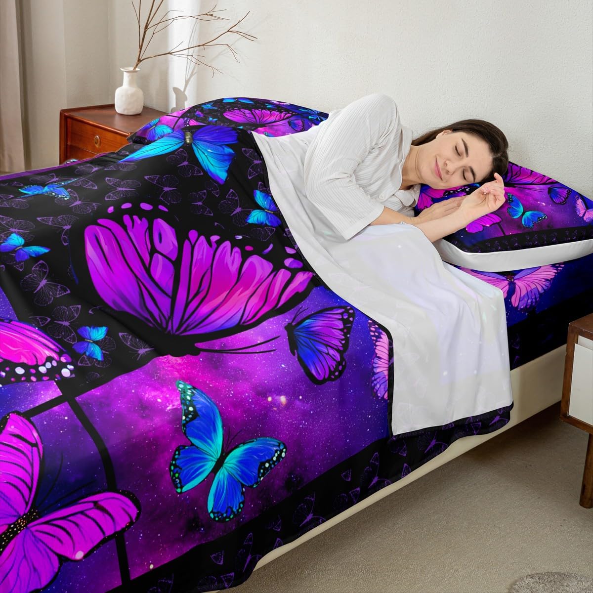 Purple Butterfly Bed Sheets Deep Pocket King,Mystic Galaxy Bed Sheet Set Blue Butterfly Bedding Sets for Kids Girls Teens Women,Psychedelic Starry Sky Fitted Sheet Aesthetics Flat Sheet 4 Pcs