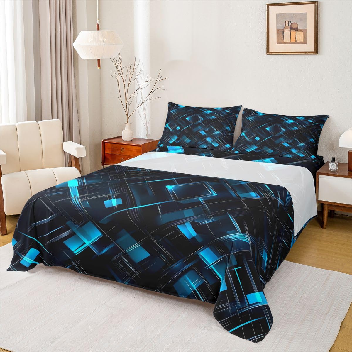 Feelyou Black Blue Bed Sheets Sets Queen Size Kids Boys Girls Geometric Checkered Bedding Set Abstract Stereoscopic Grids Bed Sheet Set with 16-Inch Deep Pockets 4Pcs with 2 Pillow Cases