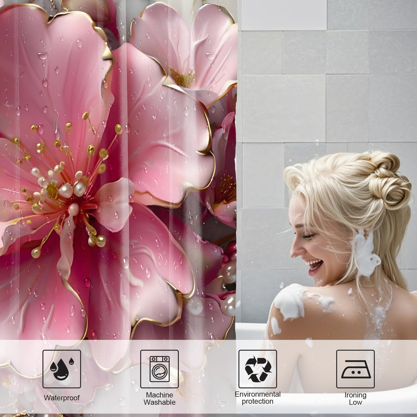 AZHM 4Pcs Pink 3D Floral Bathroom Shower Curtain Set Modern Marble Shower Curtain and Rugs Spring Flower Bathroom Set with Accessories and 12 Hooks