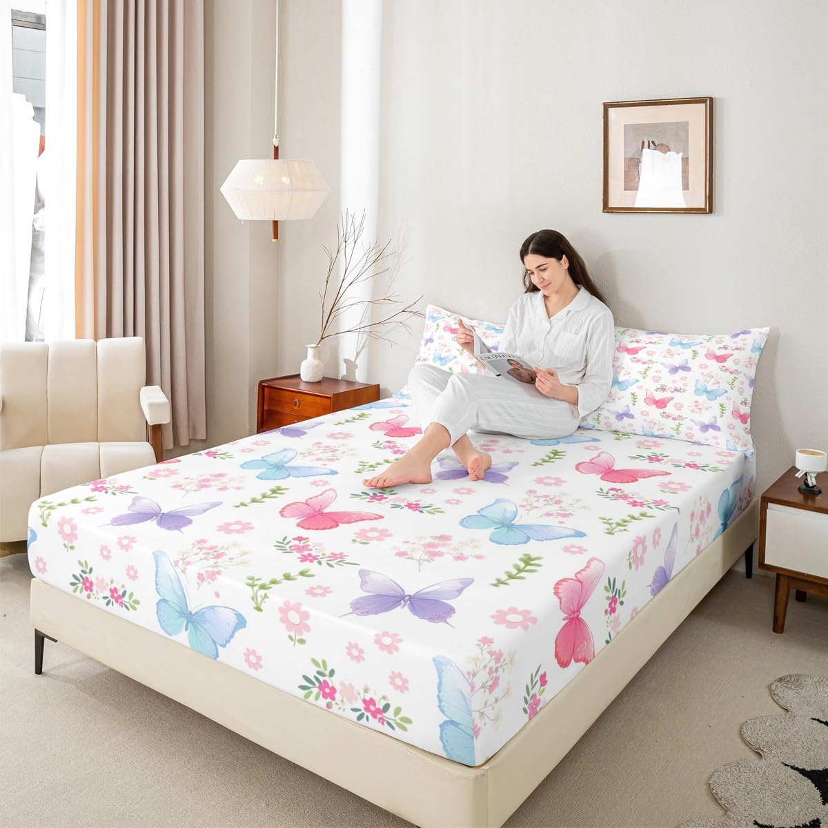 Feelyou Pink Butterfly Fitted Sheet with 1 Pillowcase Twin Size Garden Bed Sheets Set 16" Deep Pocket Boys Girls Purple Blue Butterflies Print Bedding Kawaii Pink Floral Teens Bedroom Decor