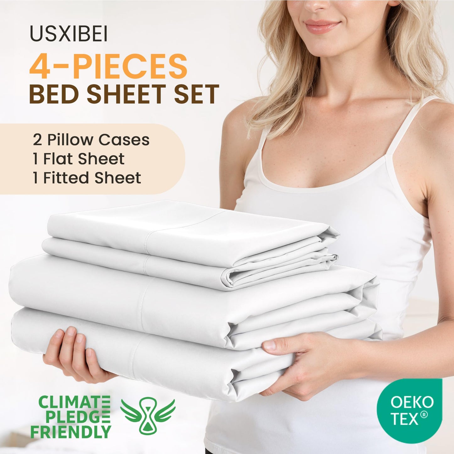 USXIBEI Queen Size 4 Piece Sheet Set - Comfy Breathable & Cooling Bed Sheets Set, Soft and Wrinkle Free, Deep Pockets, Easy & Secure Fit, Hotel Luxury Bedding for Women, Men - Oeko-Tex - White