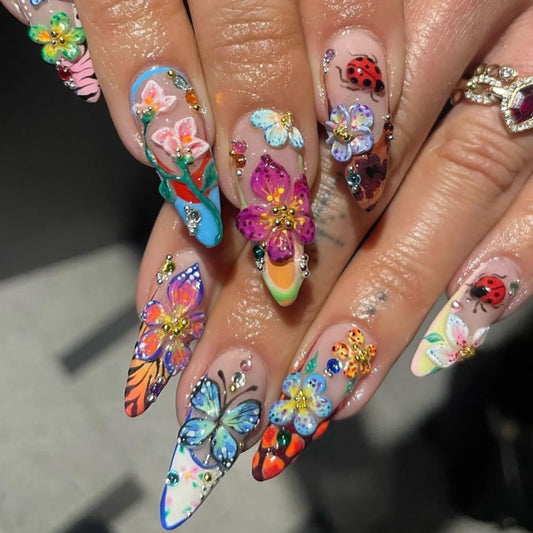 French Tip Press on Nails Medium Almond Shaped Colorful Flower and Butterfly Pattern Design Rhinestones False Nail Blossom Stick on Nail Full Cover Press Ons Almond Tip Glue on Nails for Women