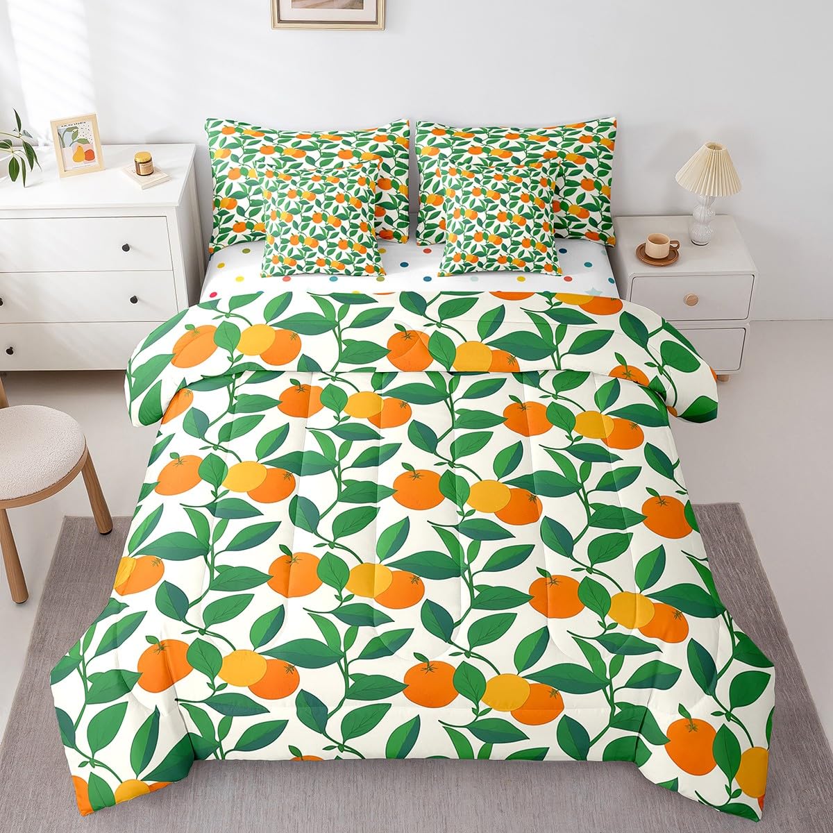 Orange Full Size Bed Sheets and Comforter Set,Kawaii Fruit 7 Piece Bedding Set Green Plant Leaves Bed in a Bag,Tangerine Orange Tropical Botanical Bed Sets