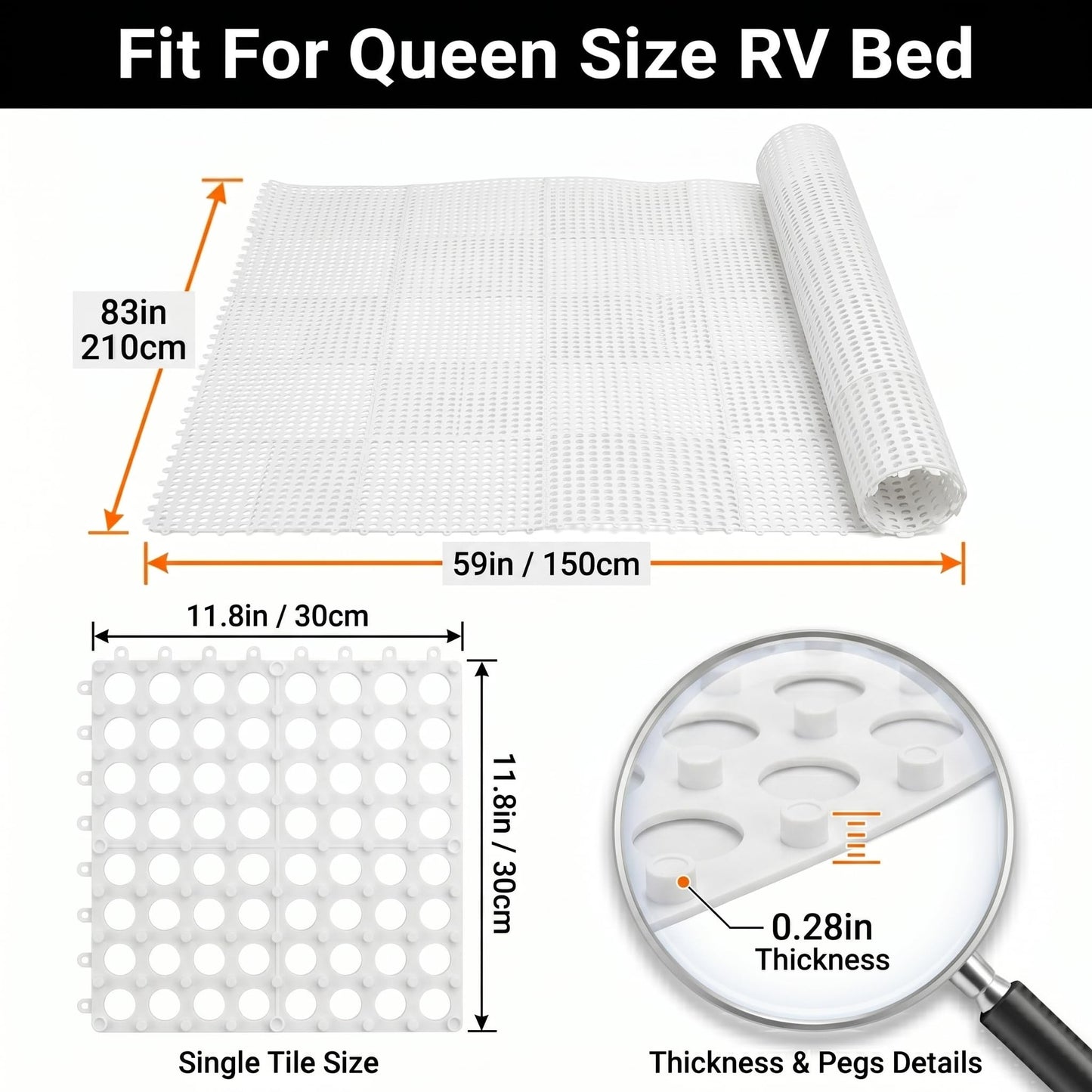 83" L x 59" Inch Plastic Ventilated Mattress Underlay Pad for RV Boat Camper Interlocking Modular Design, Breathable Mesh RV Under Mattress Ventilation Air-Flow (White)