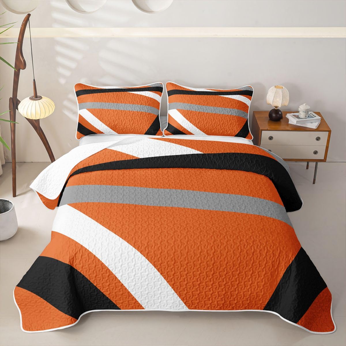 Erosebridal Orange Gray Black Striped Quilt Set Modern Abstract Quilt Twin Geometric Lines Quilted Bedspread Aesthetic Boho Coverlet Bedroom Decor