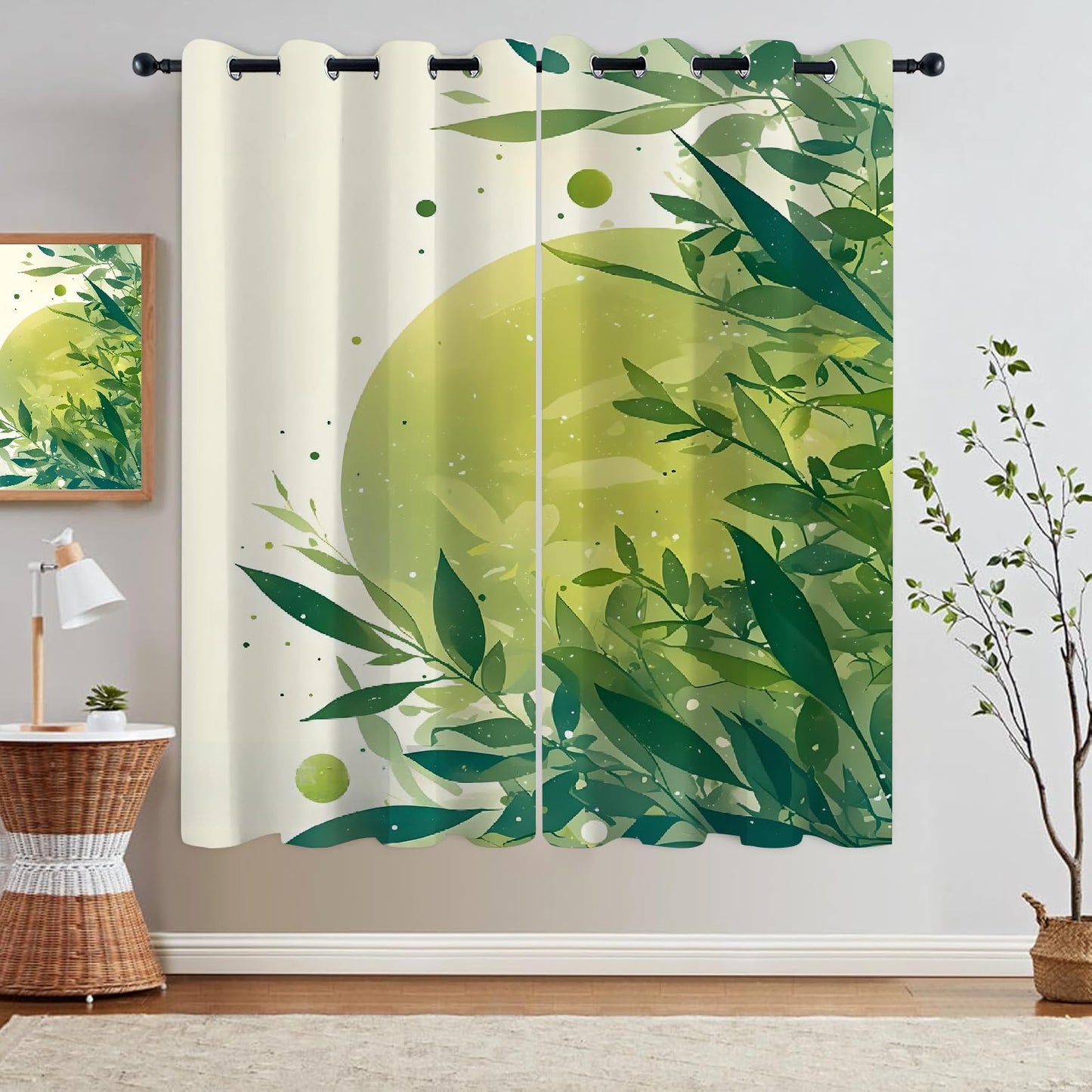 Green Plant Leaves Blackout Curtains, Bright Simple Background 3D Printed Top Grommet Drapes, 2 Panel Thermal Insulated Drapes for Sliding Glass Door Bedroom Living Room(52" W x 63 "L)
