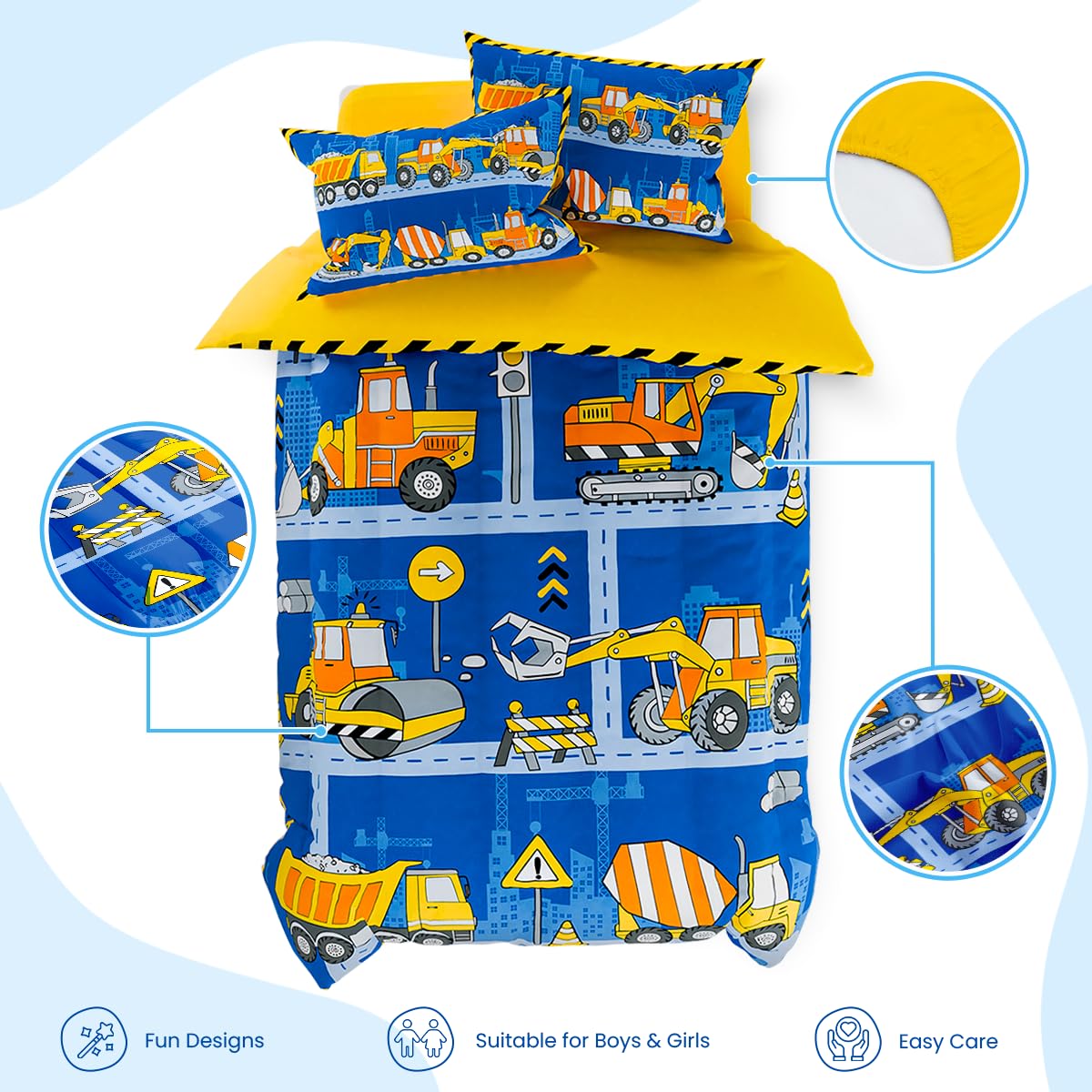 SANDJEST Construction Bedding Sets for Boys, Ultra Soft Microfiber Comforter Bed Set with 3-Pieces, Comforters Sets for Kids Children Boy Bedroom Decor
