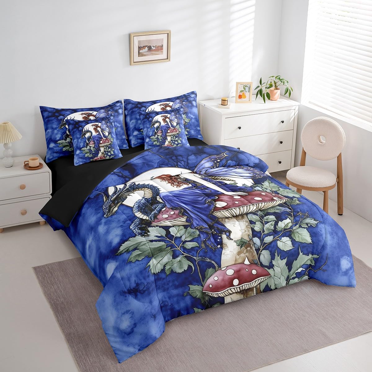 Homewish Queen Size 7 Pieces Bedding Sets Dragon Mushroom Comforter Set Butterfly Fairy Bed Sheet Blue Reversible Printed Quilt Set + Flat Sheet + Fitted Sheet + 2 Pillowcase + 2 Throw Pillow Covers
