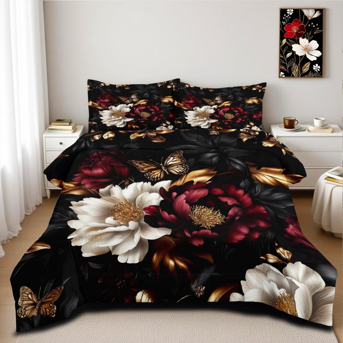 CCoutueChen Black Floral Comforter Set Queen Size 3 Pieces Farmhouse Botanical Flower Bedding Set Modern Aesthetic Bedding Soft Lightweight Down Alternative Comforter Sets with 2 Pillowcases