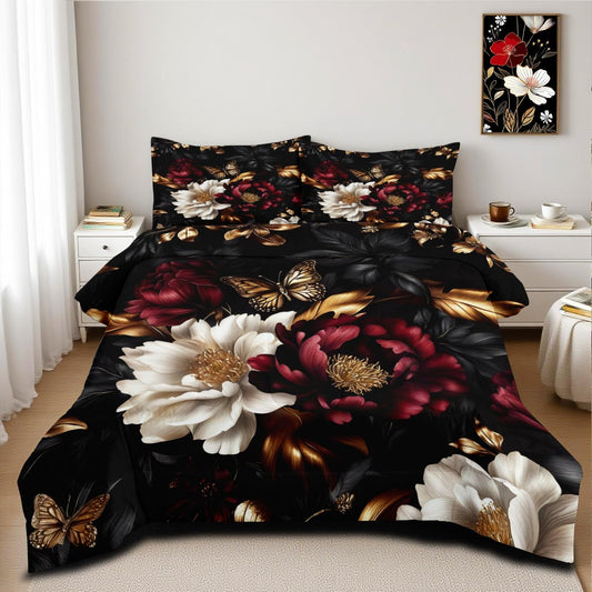 CCoutueChen Black Floral Comforter Set Queen Size 3 Pieces Farmhouse Botanical Flower Bedding Set Modern Aesthetic Bedding Soft Lightweight Down Alternative Comforter Sets with 2 Pillowcases