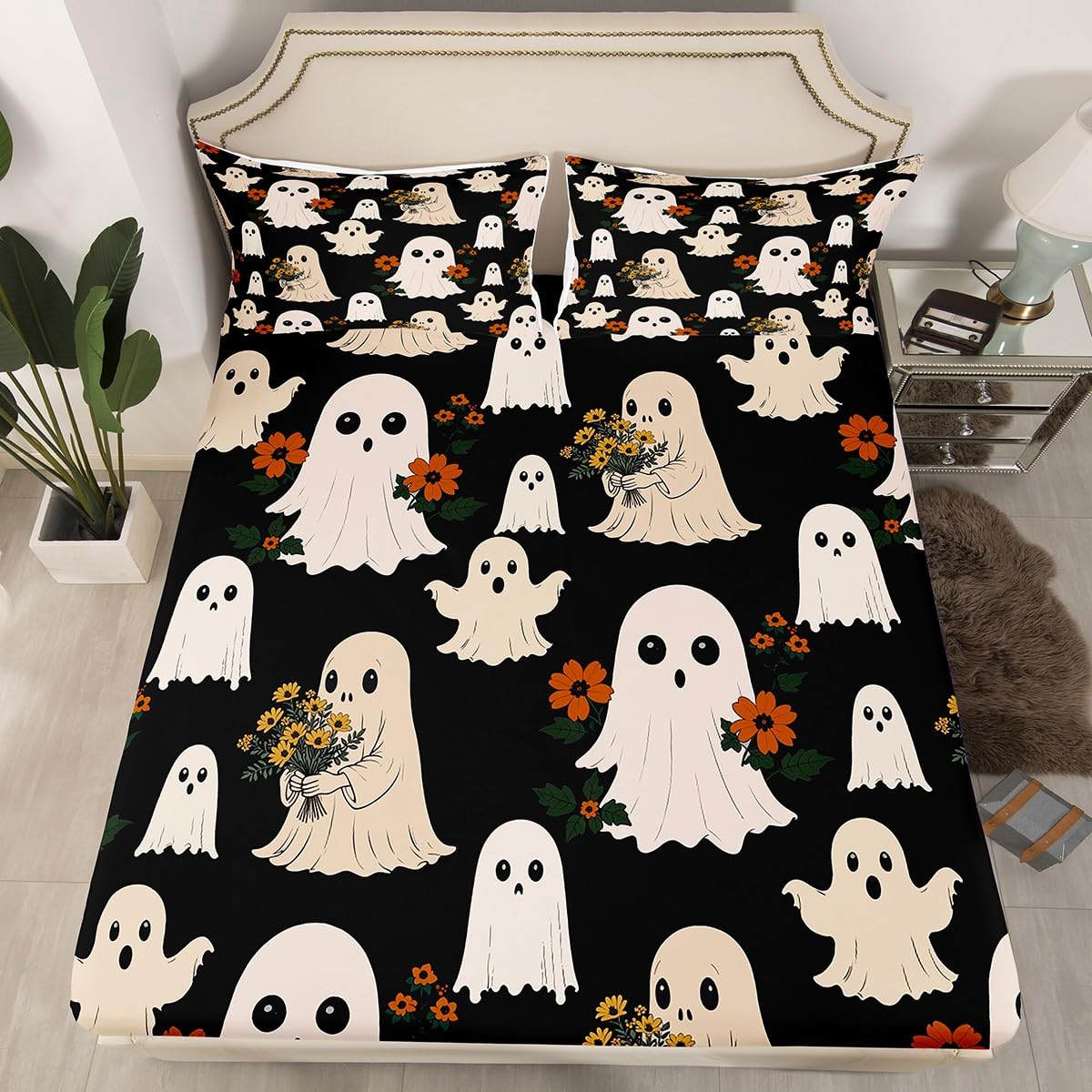 Cute Ghost Fitted Sheet Queen Size,Cartoon Halloween Ghost Bedding Sets 3Pcs for Kids Girls Boys Adult Room Decor,Hippie Daisy Flower Bed Sheet Funny Black Deep Pocket Sheet,2 Pillowcases