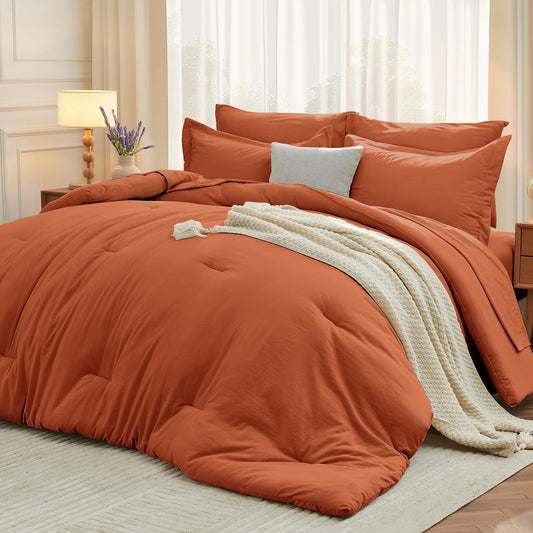 MUXHOMO 7 Pieces King Comforter Set, Soft Bed in a Bag King Size, All Season Bedding Set with Comforter, Flat Sheet, Fitted Sheet, Pillowcases & Shams, Burnt Orange