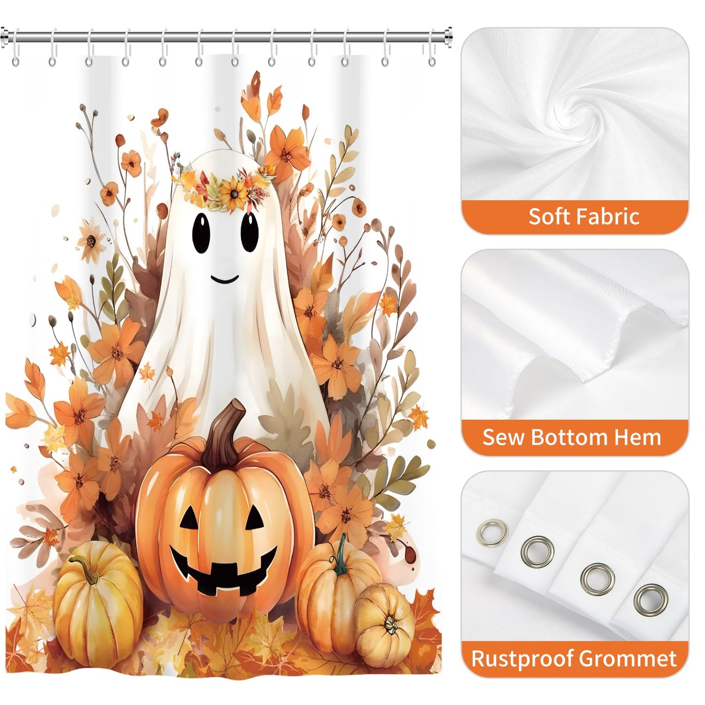 deFouliao Halloween Shower Curtain White Cute Ghost Fall Pumpkin Floral Bathroom Curtain Sets for Halloween Autumn Bath Home Decor, Waterproof Fabric Decor with Hooks 72x72 Inch