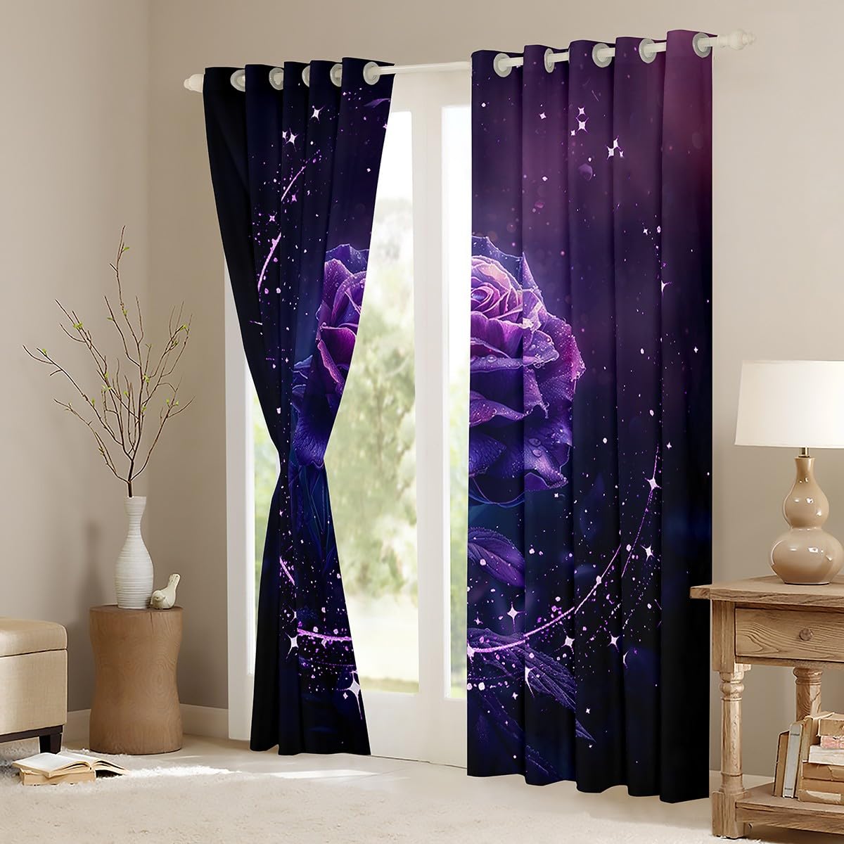 Erosebridal Black and Purple Rose Curtains,Romantic Purple Floral Curtains Blackout for Couples Bedroom,Funky Flower Curtains Valentines Gifts Modern Flowers Window Curtains 2 Panels 42" Wx63 L