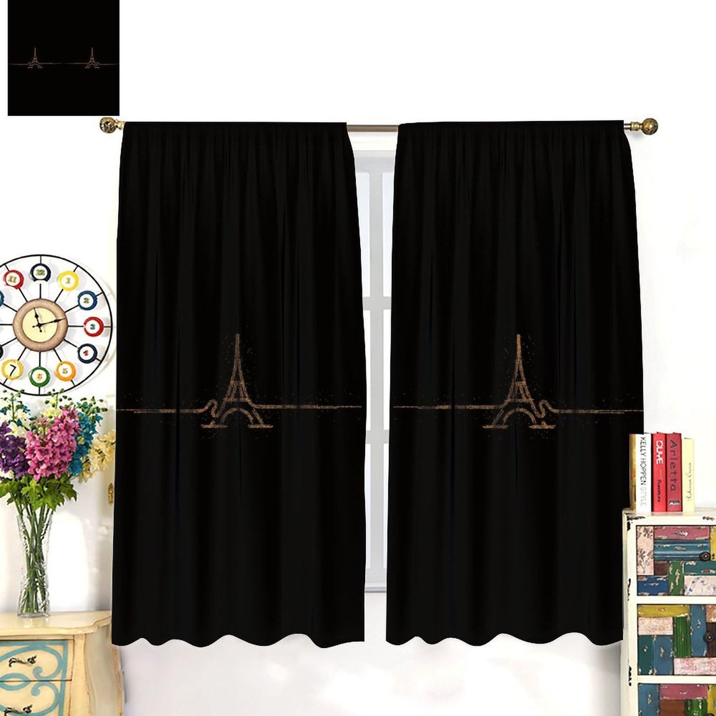 Fblifil Simple Luxury Eiffel Tower Curtain Black Background, Gold Eiffel Tower, Exquisite Home French Romantic Printed Rod Pocket Window Treatments for Bedroom Living Room Decor 42" W X 45" L