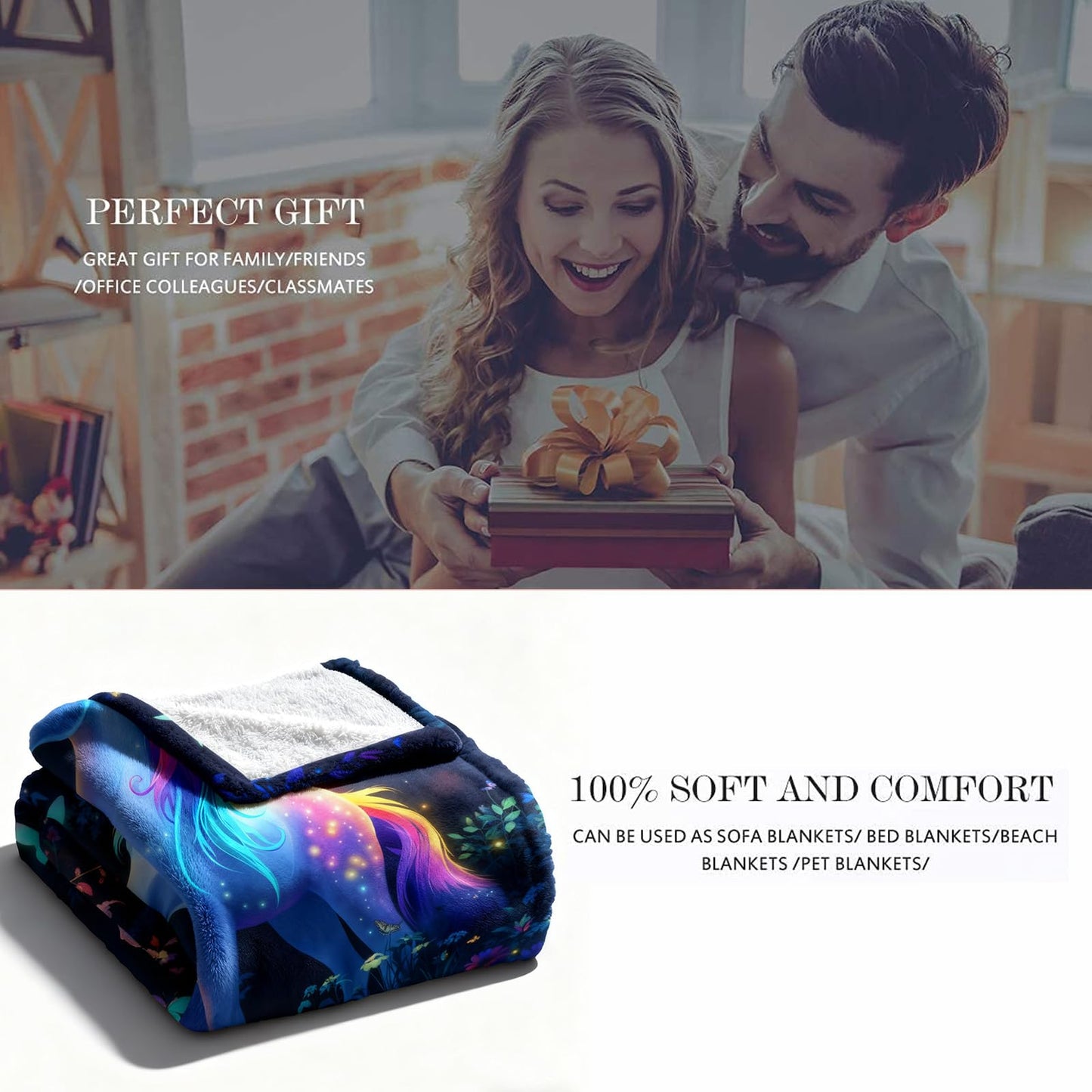 kampdream Unicorn Flannel Blanket, Enchanted Forest Dream with Rainbow Mane and Tail Butterfly Surrounded Super Soft and Warm for Couch Sofa Living Room Ideal Gift for Girls Teens 50×60 inch