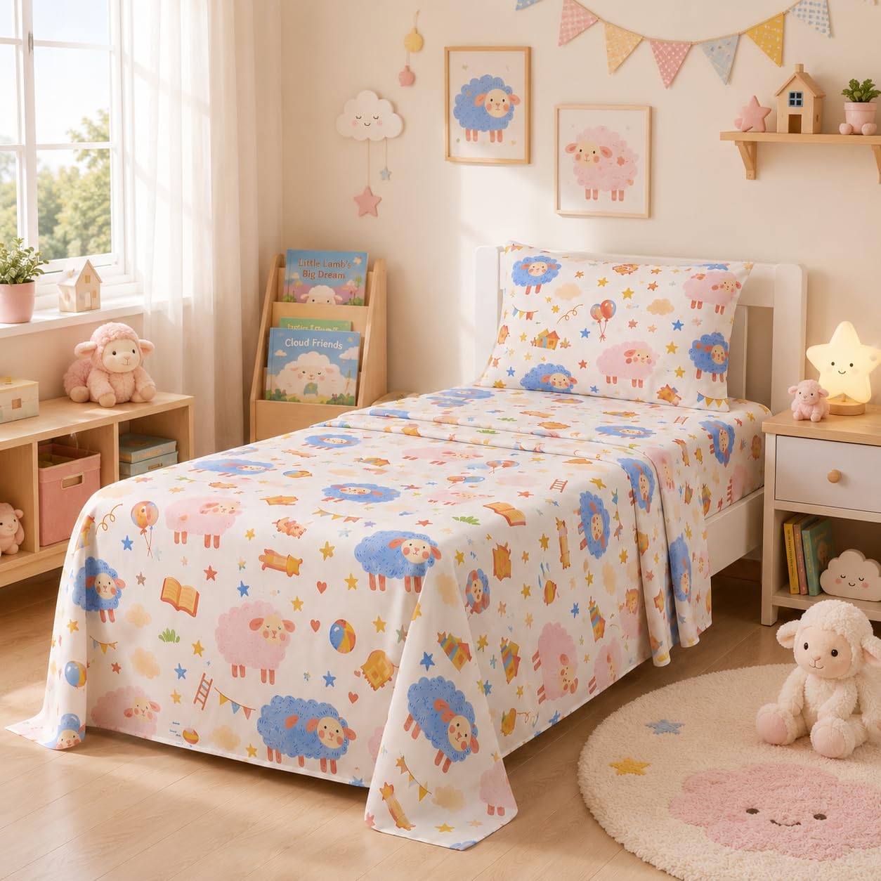 YIYEA 100% Cotton Kids Sheets, Ultra Soft Cozy Cute Bed Sheets Set for Girls, Boys, Teens, 16" Deep Pocket, 3PC, Twin