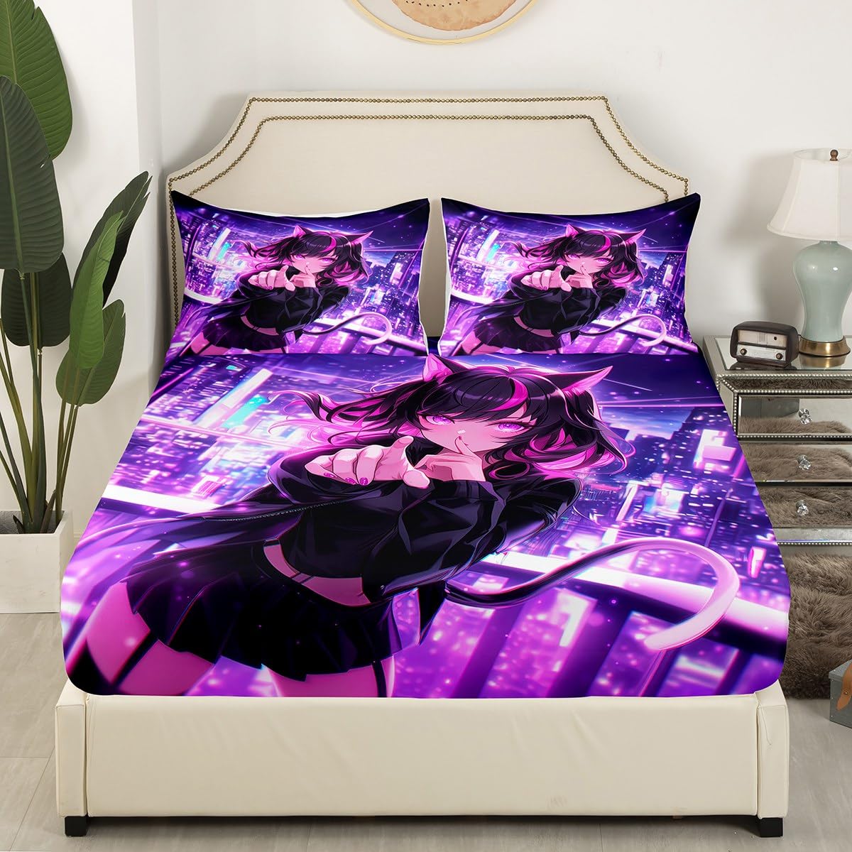 Erosebridal Kids Anime Girl Full Size Bed Sheets, Japanese Anime Fitted Sheet, Cartoon Girl Bedding Set for Boys Teens Bedroom Decor, Kawaii Japanese Animation Bed Set with 2 Pillow Cases