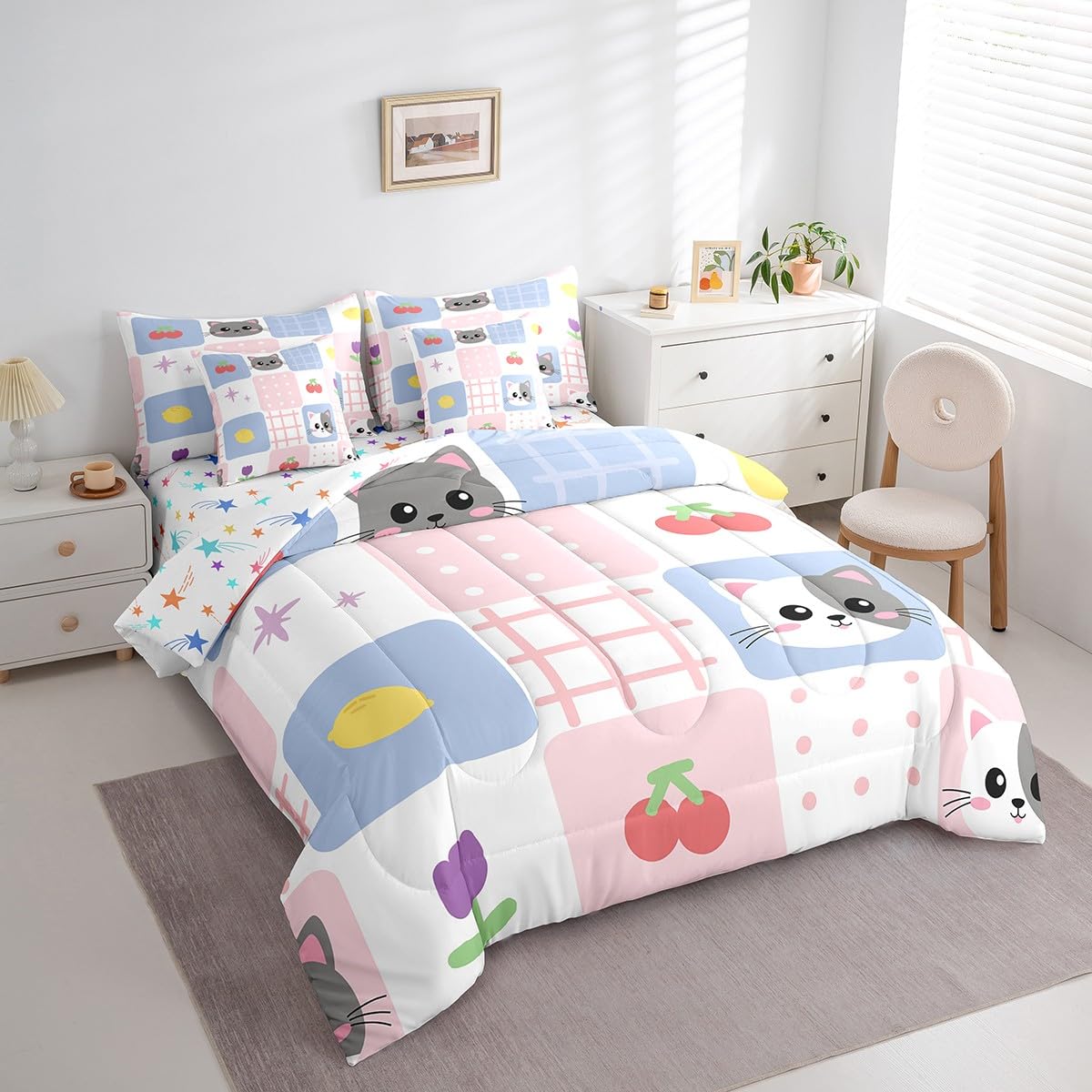 Feelyou Cute Cat 7 Piece Bedding Set Queen Size Pink Blue Geometric Comforter Set with Sheets for Kids Boys Girls Teens Cherry Lemon Bed in a Bag Cartoon Design Bed Set
