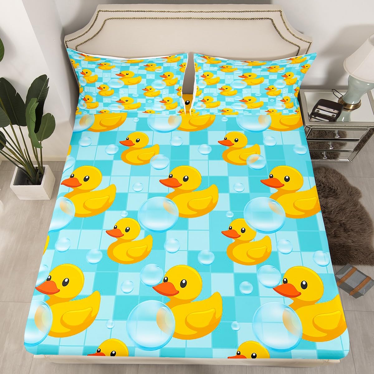 Erosebridal Kids Cute Yellow Duck Bed Sheets Full Size Boys Girls Blue Grid Plaid Flat Fitted Sheet Farmhouse Pet Animal Sheet Set Cartoon Ducks Sheets for Teens