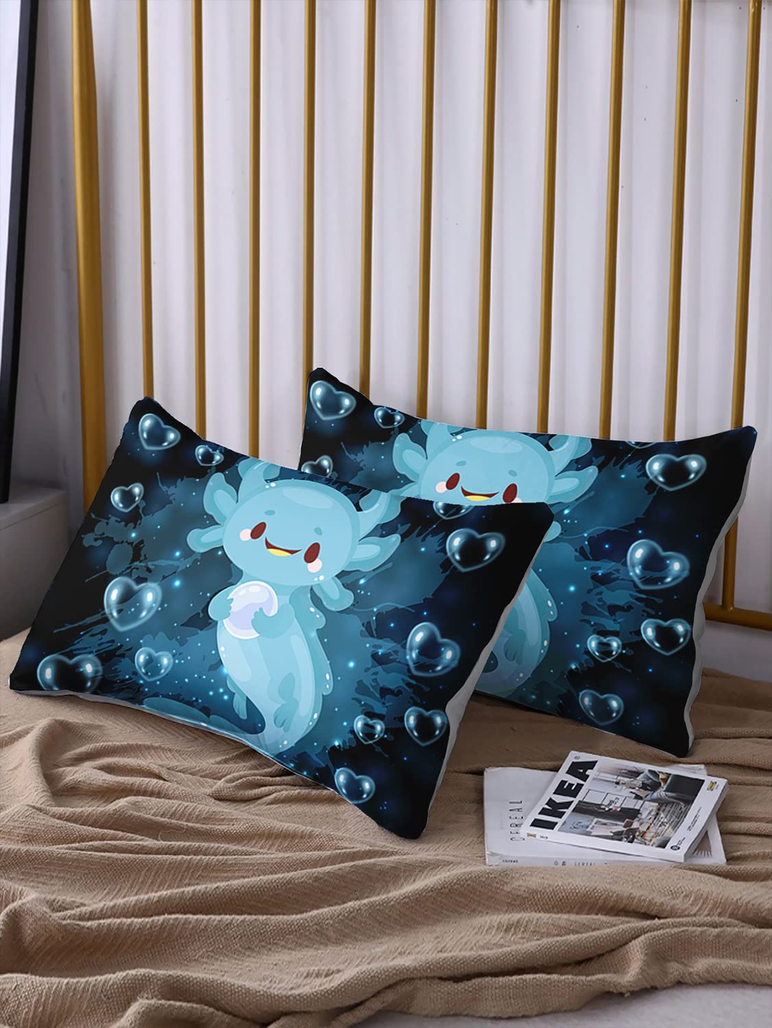 HOSIMA Axolotl Bedding Set Blue Axolotl Pattern Kawaii Fitted Sheet Set Twin Size for Kids Bedroom Decor,1 Fitted Sheet+2 Pillowcases.