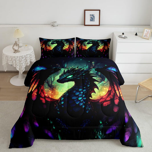 jejeloiu Western Dragon Comforter Set Dragon Scales Bedding Set Full Size for Kids Boys Girls Teens Black Reptile Skin 3D Duvet Set with 2 Pillow Case Wild Animals Comforter
