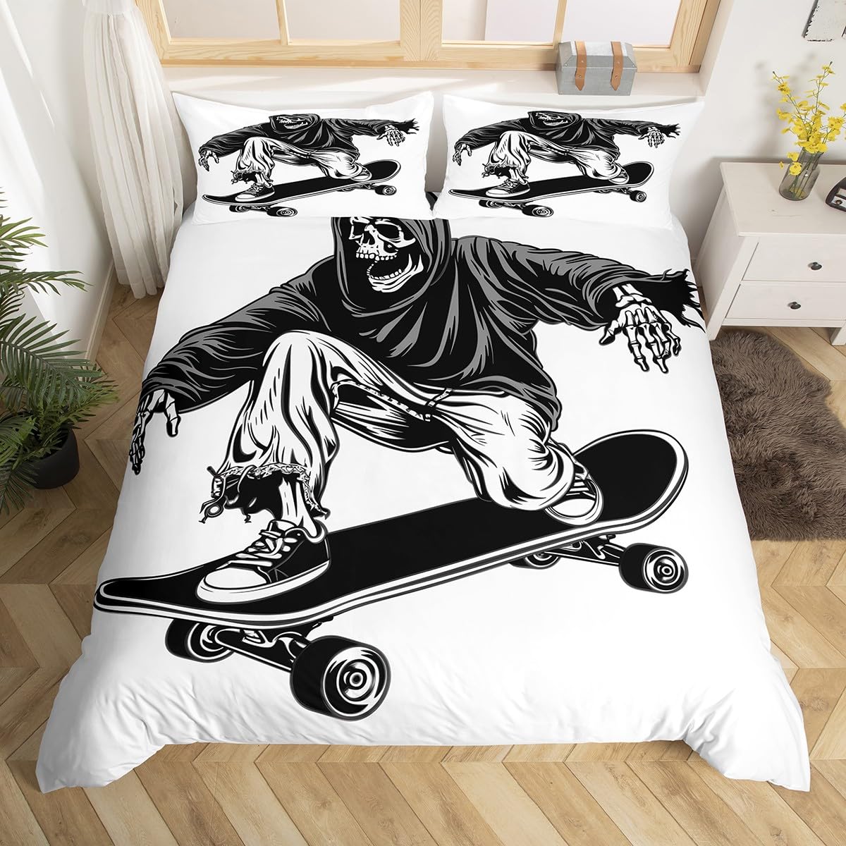 Feelyou Cool Sugar Skull Bedding Set Queen Size Kids Skateboard Comforter Cover Set for Boys Girls Teens Hip Hop Street Culture Duvet Cover White Halloween Theme Bedspread Cover（No Comforter