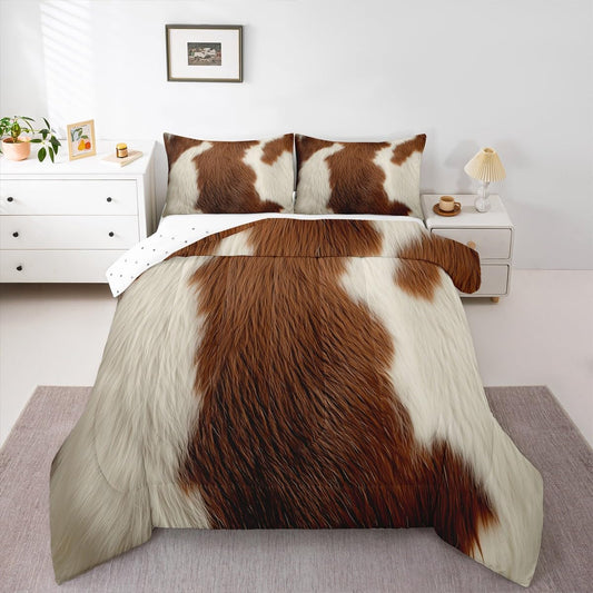 Cowhide Comforter Set Cow Fur Western Rustic Wildlife Comforter Cover for Kids Boys Girls Teens Animal Skin Bedding Set Breathable White Brown Duvet Set Room Decor Comforter Inner Fill Queen Size