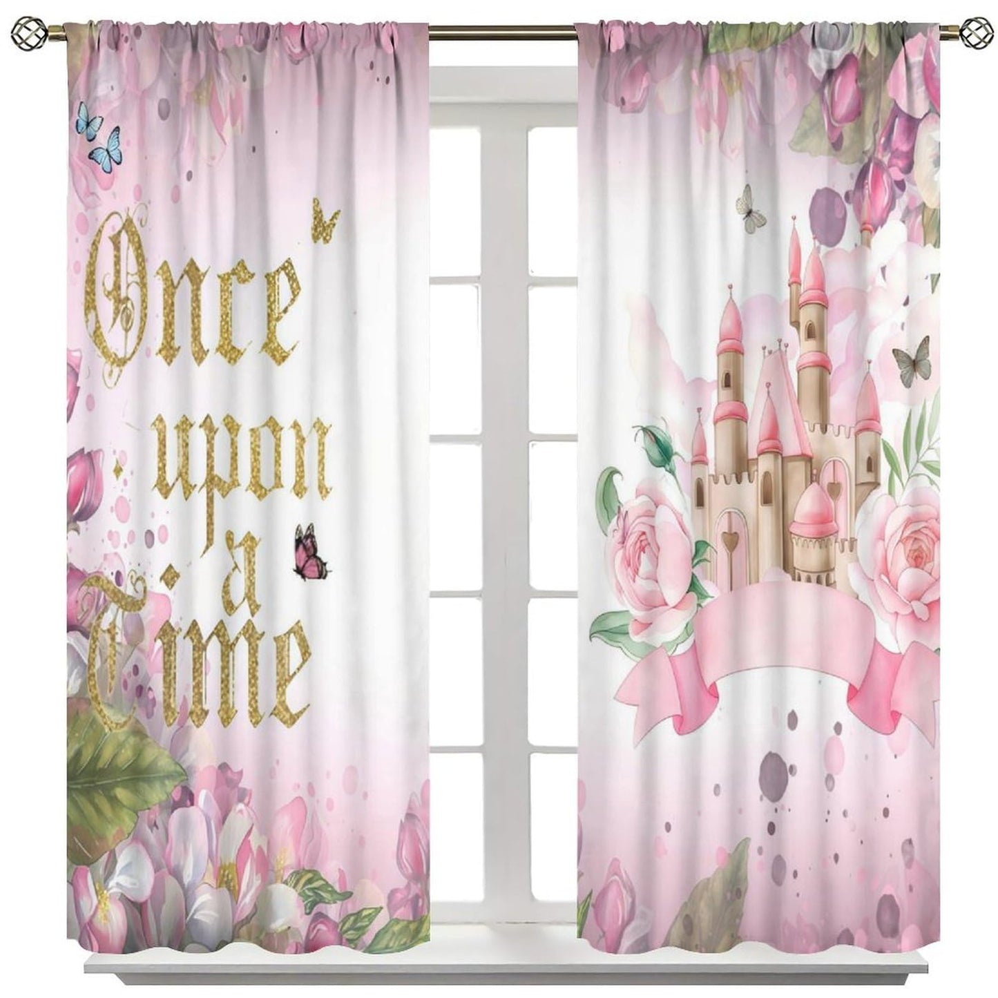 Pink Princess Castle Curtains For Girls Magic Fairy Tale World One Romantic Floral Castle Pattern Rod Pocket Window Treatments for Kids Bedroom Living Dining Room 2 Panels Set 41x 45 in （No Blackout）