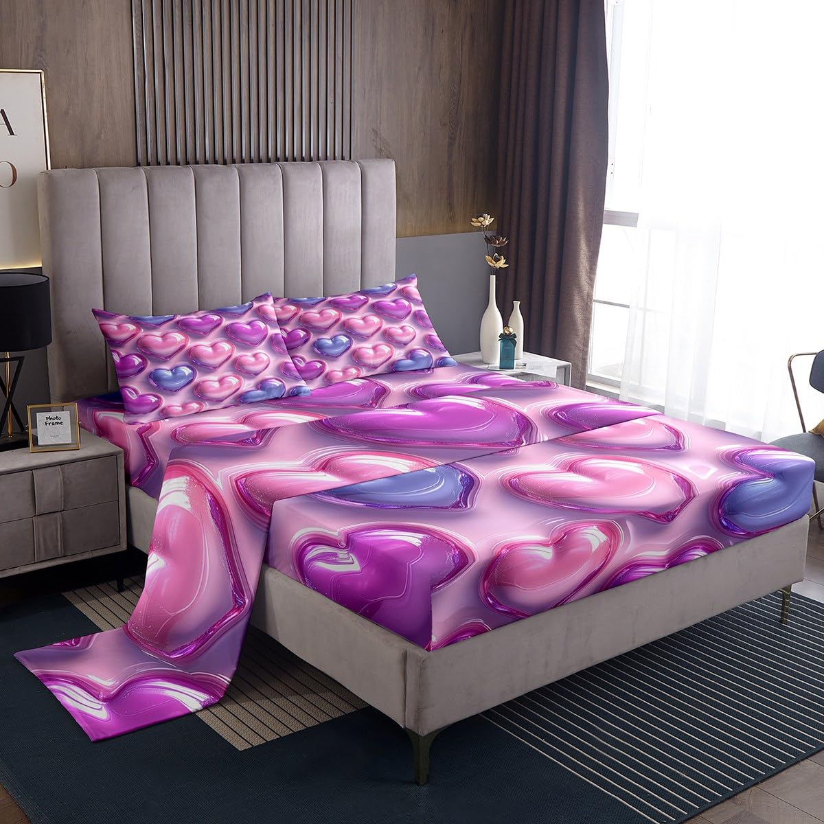 Erosebridal Love Heart Flat Fitted Sheet Full Kawaii Decor Bed Set for Girls, Cute Lovely Bed Sheets Set for Kids Adult Bedroom Decor,Pink Purple Soft Microfiber Bedding Sets with 2 Pillow Cases