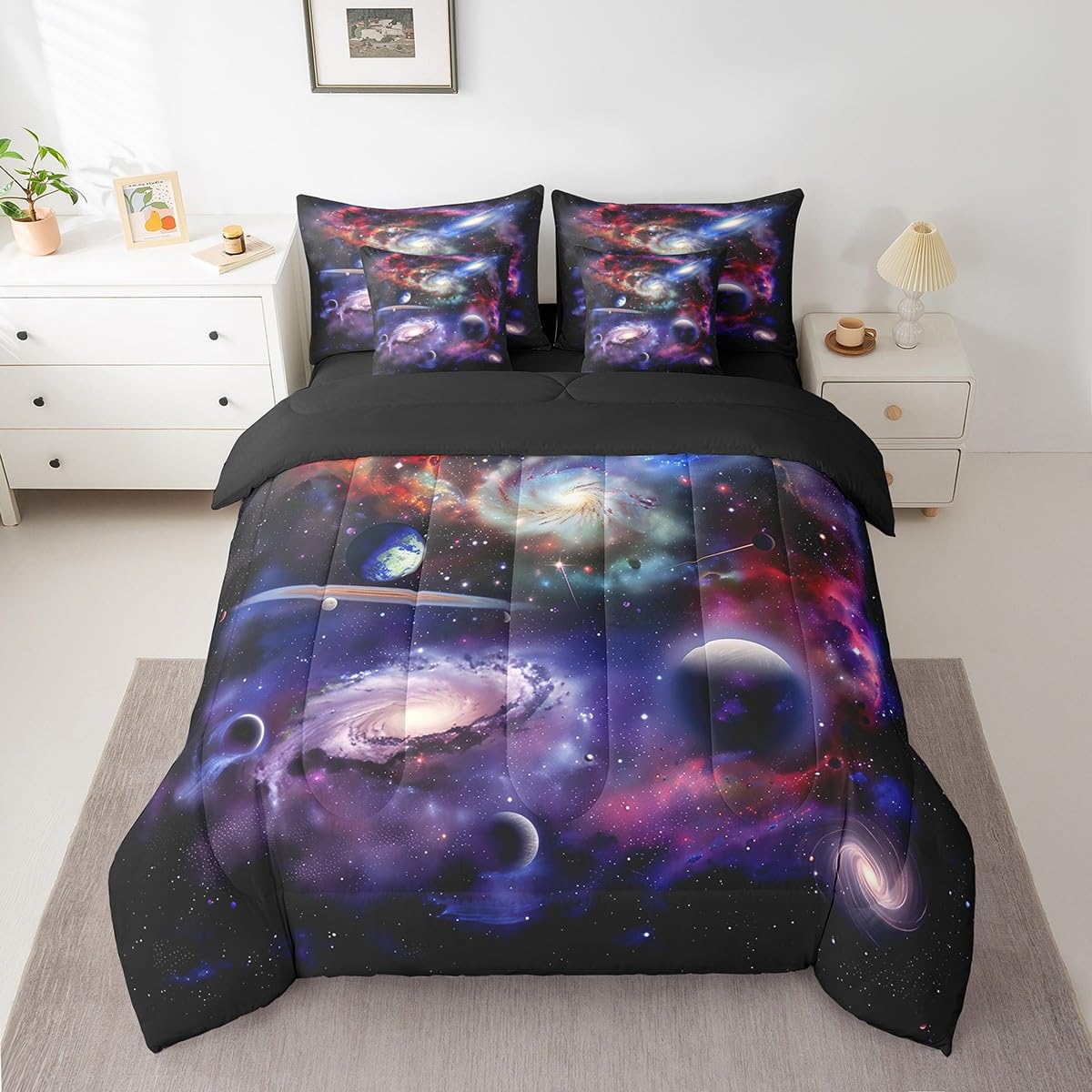 Erosebridal Purple Galaxy Bed in A Bag Starry Sky Quilt with Flat Fitted Sheet Outer Space Universe Planet Bedding Sets 3D Solar System Theme Comforter Set 7 Piece Twin,Purple