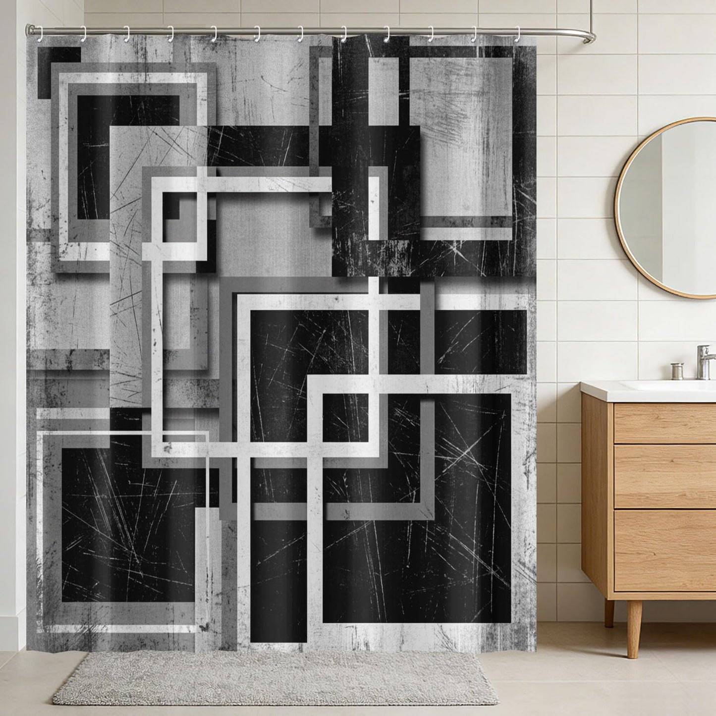 Bonriva Black White Grey Shower Curtain, Grunge Gray Abstract Geometric Square Modern Minimalist Shower Curtain for Bathroom, Mens Boys Bathroom Accessories Curtain, Fabric 72" x 72" with 12PCS Hooks
