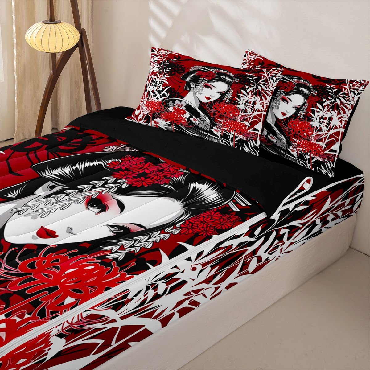 Erosebridal Geisha Beauty Kids Comforter Set with Zipper, Japanese Style Twin Size Zipper Bedding Set, Traditional Geisha Bamboo Flowers Bed-in-A-Bag