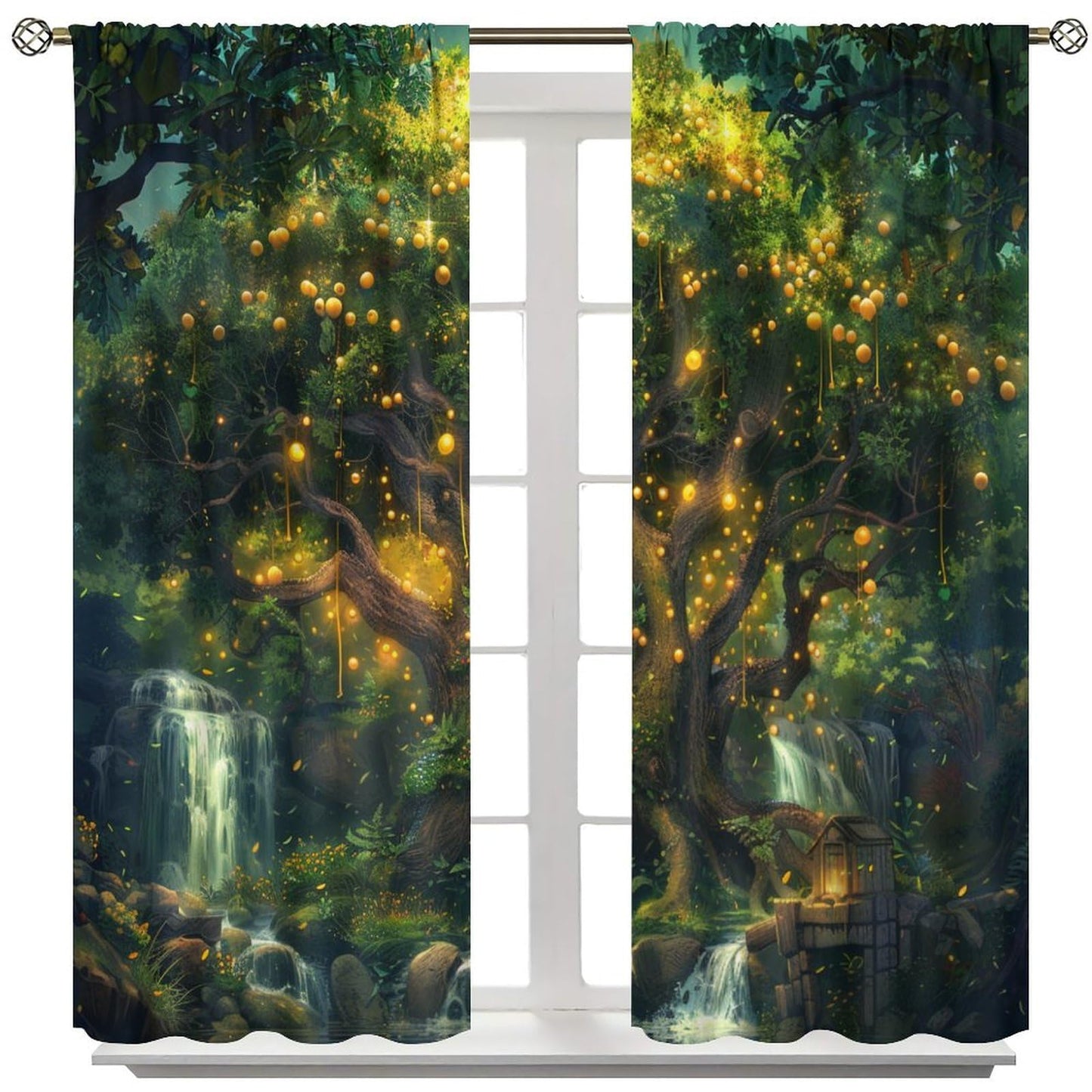 TOWINSFB Beautiful Tree Blackout Curtains, Golden Fruit Waterfall Rural Landscape Home Decor Rod Pocket Window Drapes for Living Room Bedroom- 2 Panels, Each 45" L x 21" W