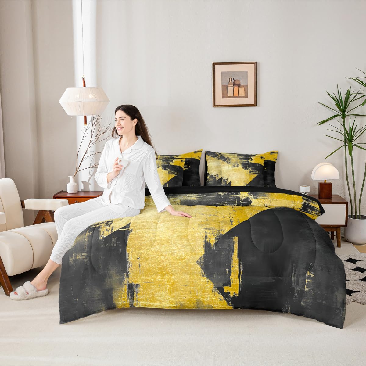 Feelyou Abstract King Comforter Set with Sheets for Kids Boys Girls Modern Abstract Art 7 Pieces Bedding Set Luxury Bed in a Bag Geometric Room Decor Yellow and Black Soft Lightweight Microfiber