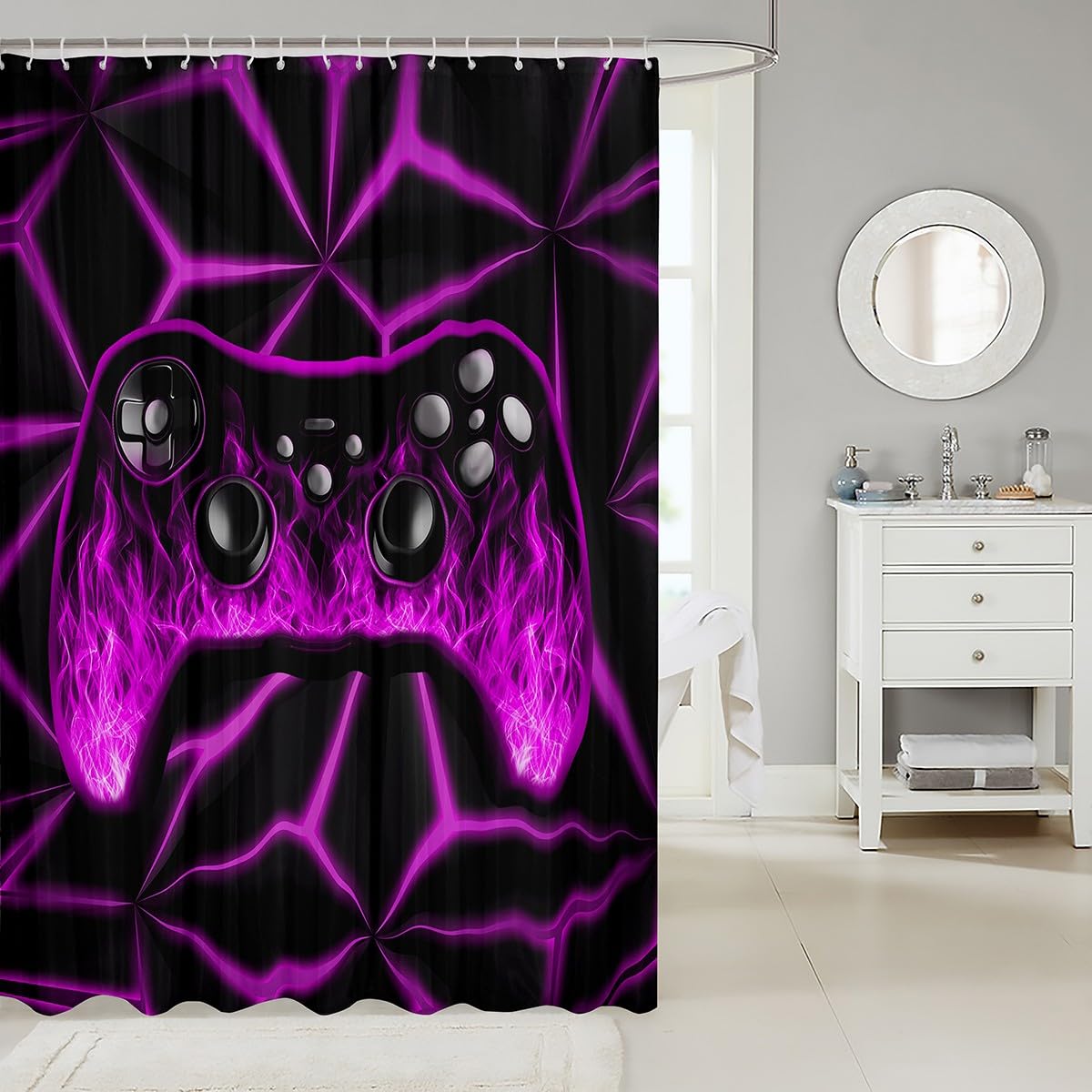 Erosebridal Game Bath Curtain for Boys Kids Game Bathroom Decor Shower Curtain for Lovers,Flame Consoles Bathroom Decor Purple Video Waterproof 3D Geometric Gaming,72" W x 72" L