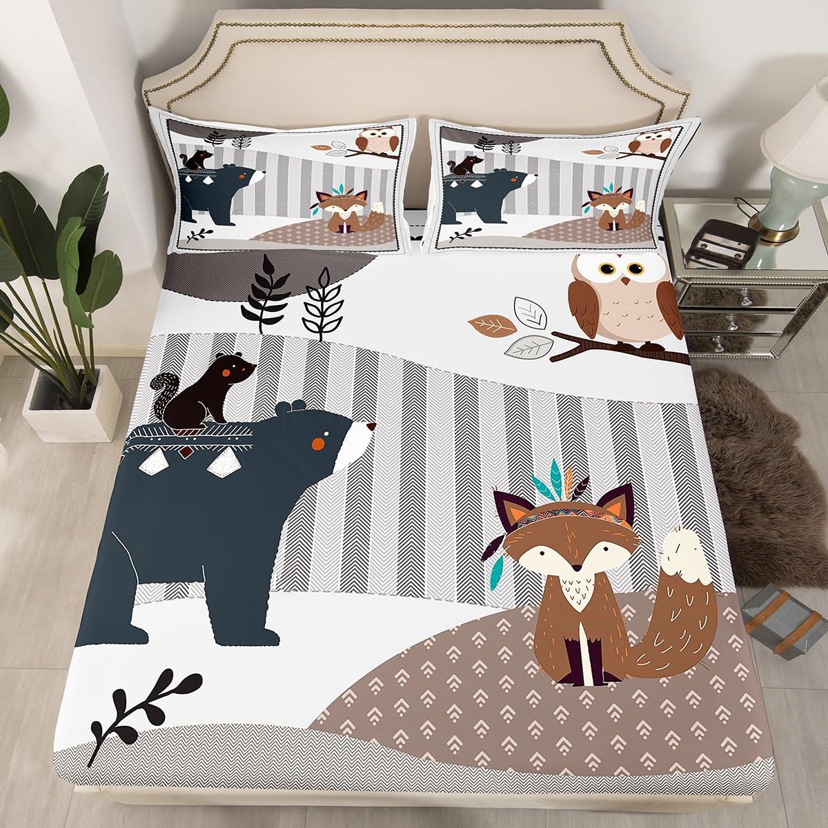 Kids Cartoon Animal Fitted Sheet King Size 4pcs,Cute Bear Owl Fox and Plant Bedroom Decor Bed Shee Set for Man,Exotic Indian Style Ultra Soft Bedding Set (1 Fitted,1 Flat,2 Pillows)