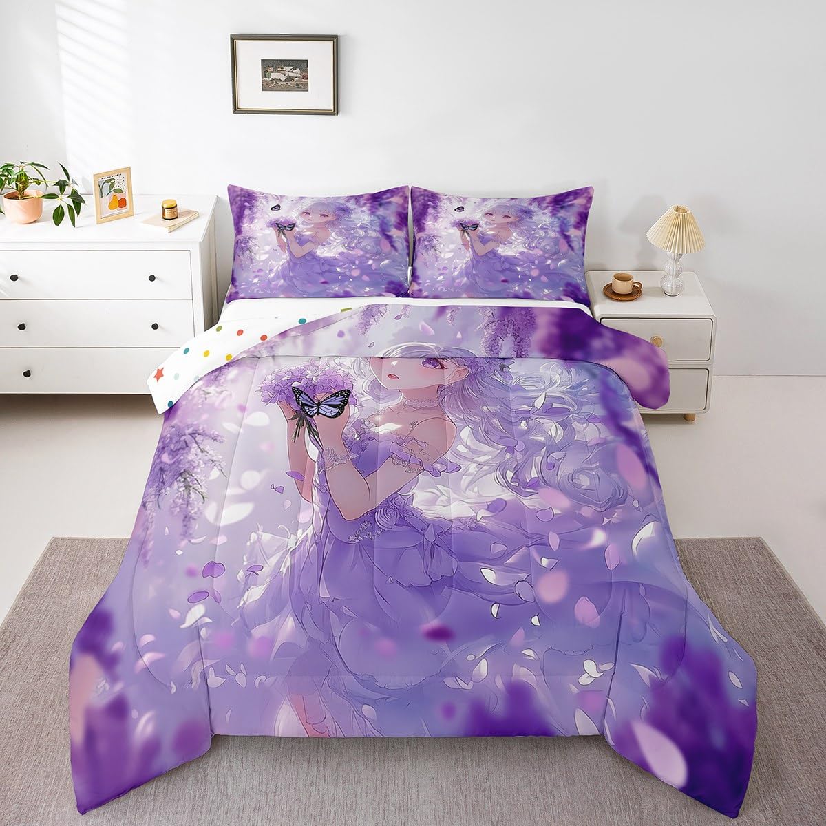 Erosebridal Cute Kawaii Anime Girl Full Bedding Set Japanese Style Anime Kids Down Comforter Cartoon Print Comforter Set Purple Romantic Flower Butterfly Bed Set 2 Pillow Cases