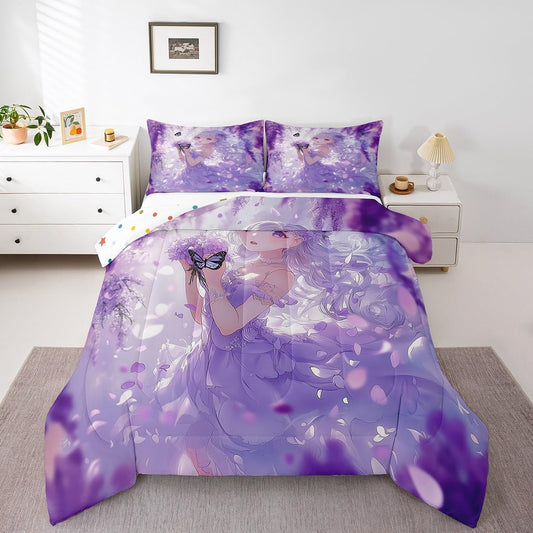 Erosebridal Cute Kawaii Anime Girl Full Bedding Set Japanese Style Anime Kids Down Comforter Cartoon Print Comforter Set Purple Romantic Flower Butterfly Bed Set 2 Pillow Cases