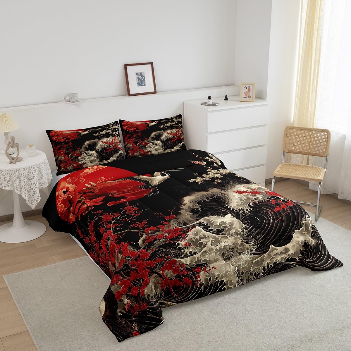 Erosebridal Oriental Cherry Blossoms Bedding Full Size Japanese Asian Print Comforter Set Full, Black and Red Duvet Insert Chic Crane Quilt Comforter, Ocean Waves Bedding Comforters & Sets