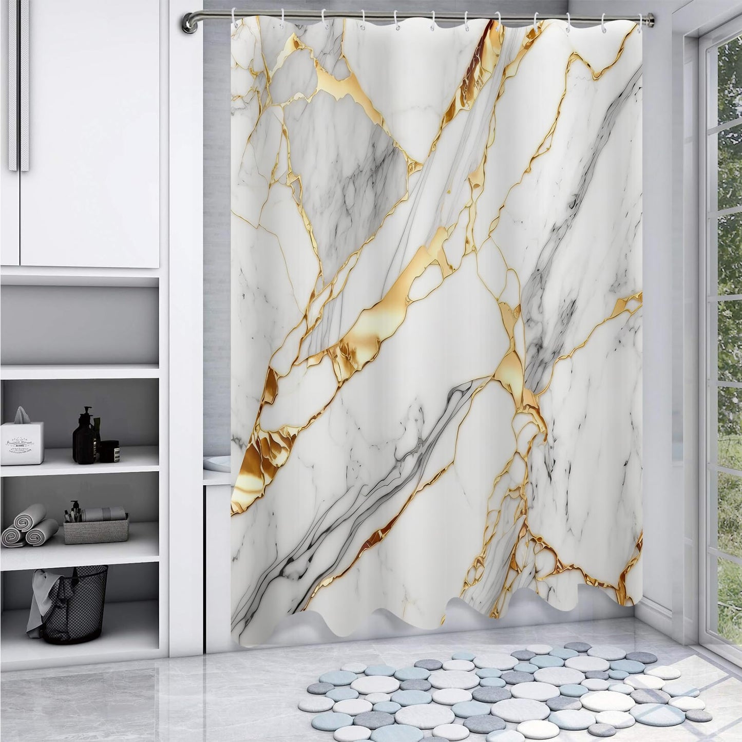 DuriLolly Grey Marble Shower Curtain Abstract Luxury Gold Cracked Granite Texture Ombre Marble Shower Curtains 71x71 inch Modern Aesthetic Bathroom Decor Waterproof Fabric Curtains Include Hooks