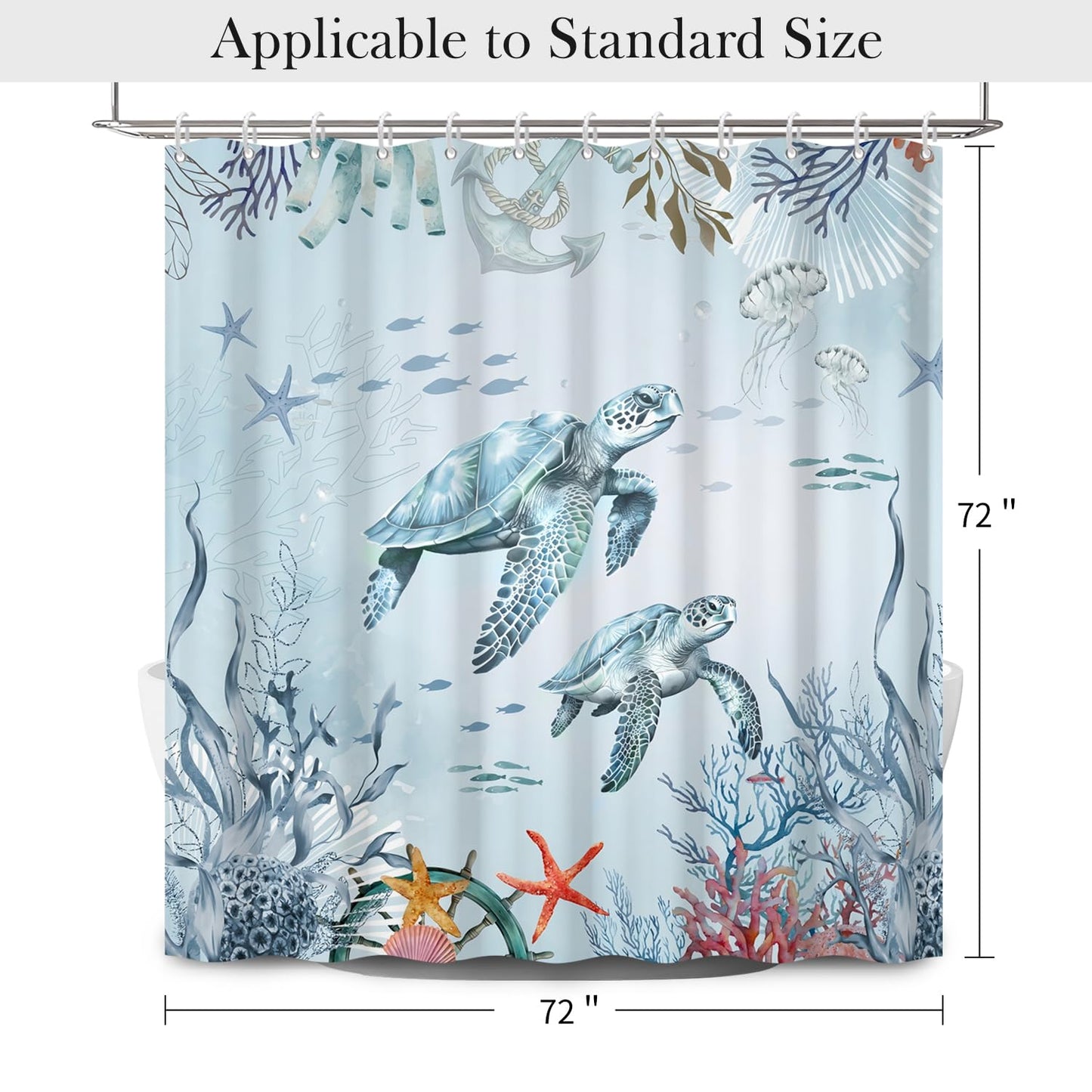 NAEMBCU Sea Turtle Shower Curtain with Hooks - 72x72 Inch Waterproof Fabric Ocean Bathroom Curtain with Coastal Marine Life Design, Bath Curtain for Beach Nautical Hotel House Decor
