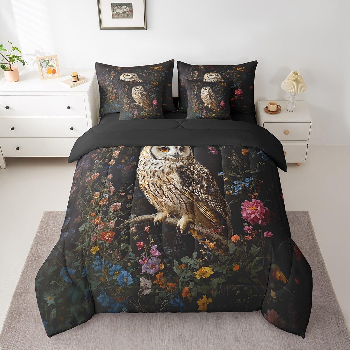 Erosebridal 3D Owl Bedding Set for Kids Teens,Oil Painting Flower Animal Comforter Set King Size,Mid Century (Comforter+Fitted+Flat Sheet+2 Pillowcases+2 Throw Pillow Covers) 7 Pieces Bed Set