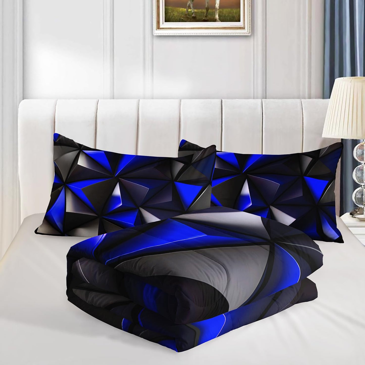 UEVBF Blue and Black Bedding Set Twin Size,Geometric Pattern Comforter Set for Kids Boys Girls Geometry Room Decor,Art Aesthetic Bedding with 2 Pillowcases.